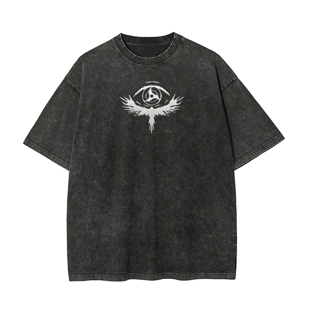 T-shirt Naruto Itachi Uchiha Sharingan Crow Vintage Acid Wash Streetwear Oversized Rétro Anime Graphique Coton Homme