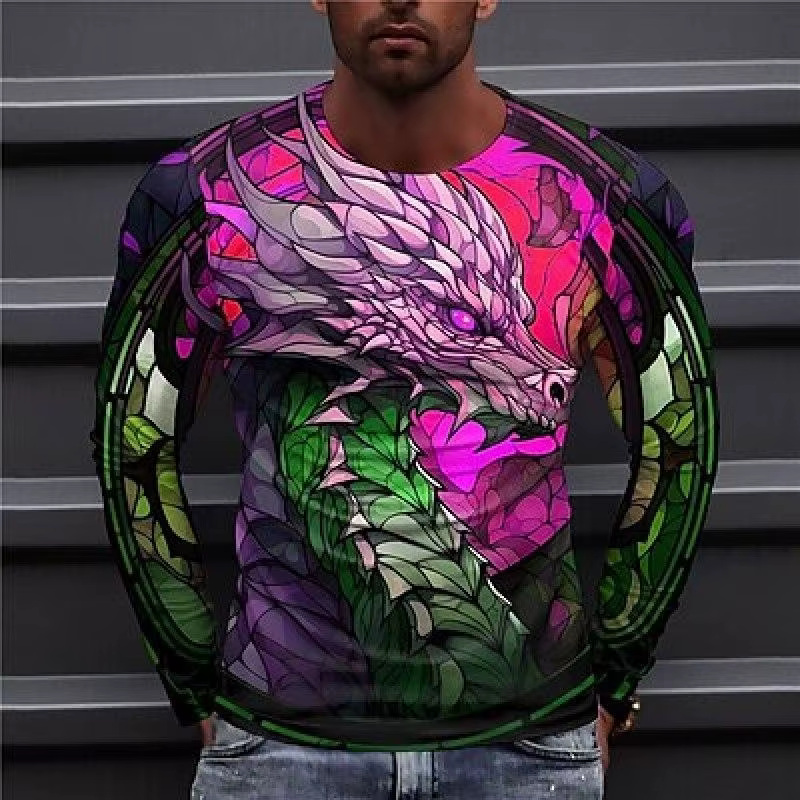 T-shirt Dragon coloré à manches longues et col rond pour hommes