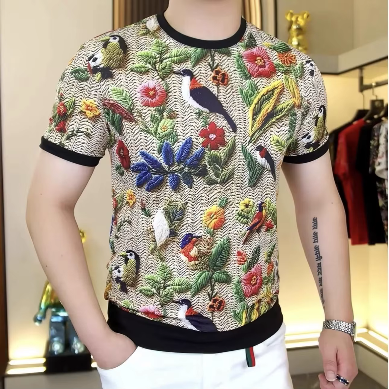 2025 été nid d'abeille maille à manches courtes T-shirt hommes rétro imprimé col rond