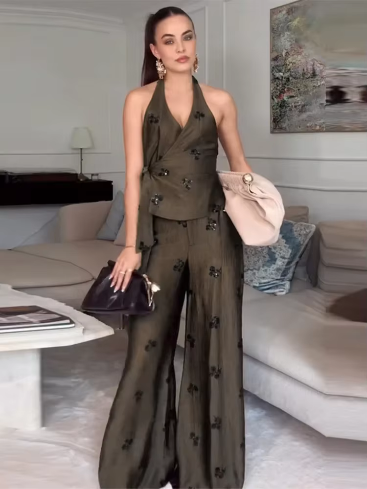 Ensemble deux pièces vintage pour femme : Gilet à sequins