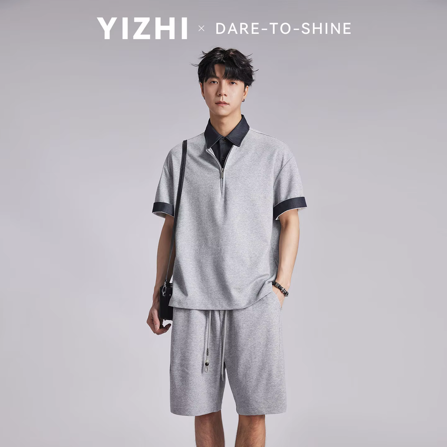 Ensemble Polo Homme Tendance à Col Contrastant et Demi-Zip Effet Deux Pièces