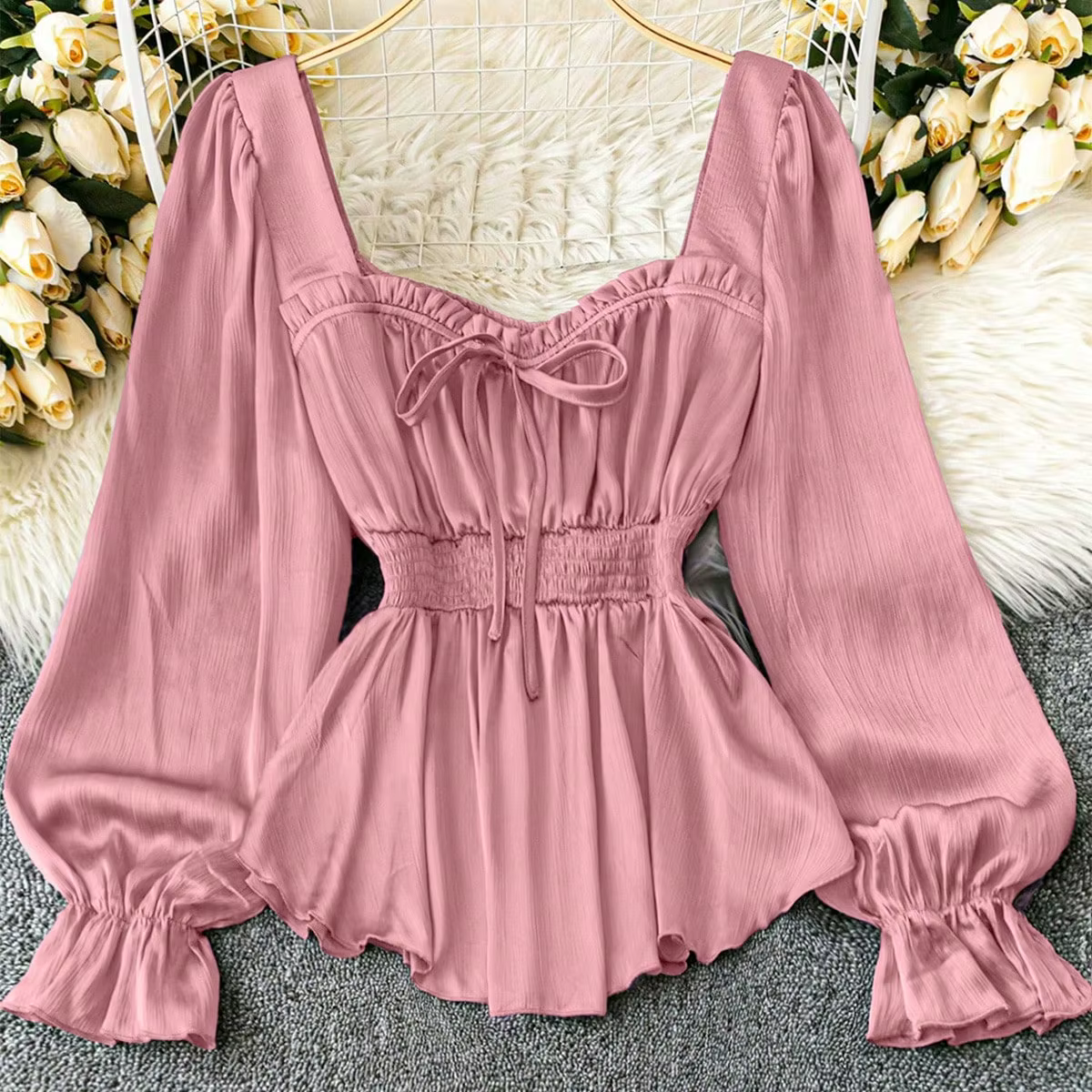 Haut en mousseline rose à manches longues pour femme