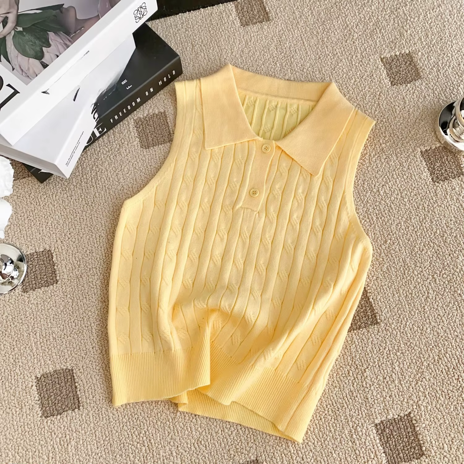 REALEFT été col Polo femmes tricoté T-shirts 2025 nouveau solide sans manches boutons tricots décontracté mince débardeurs femme