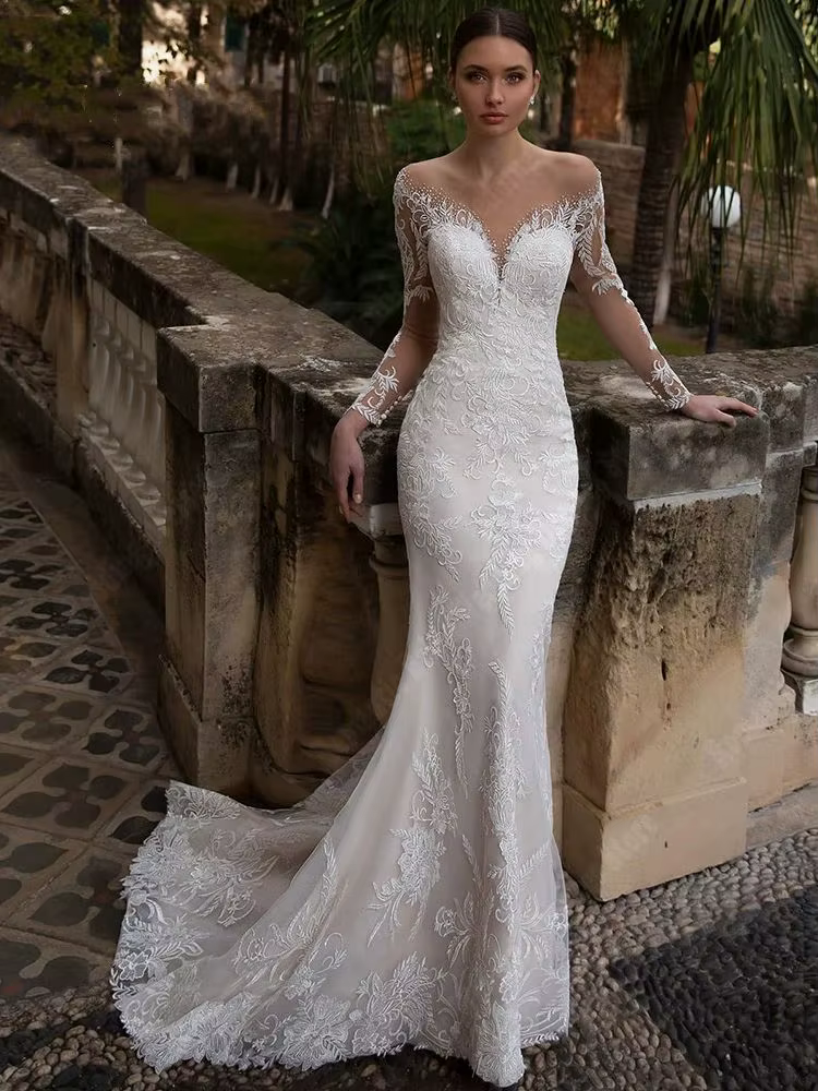 Robes de mariée sirène en dentelle à manches longues pour femmes, robes de Rhde princesse personnalisées, vêtements de célébrités populaires, patients, 2024