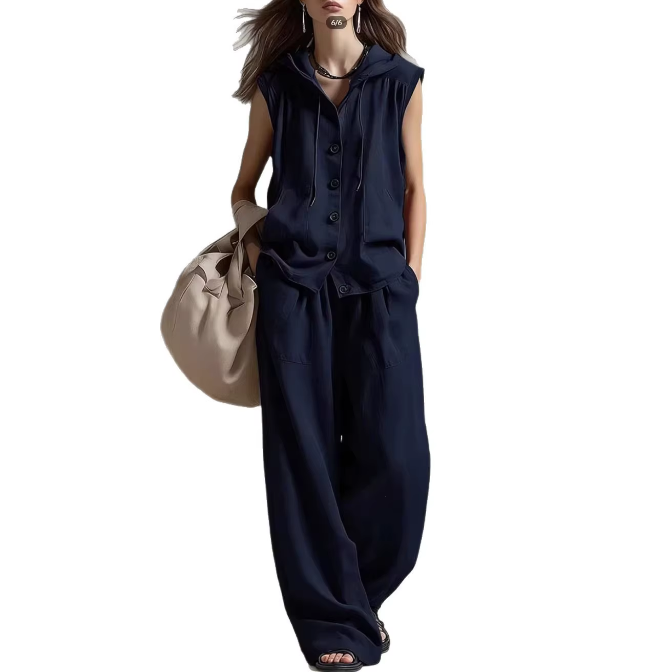 Ensemble 2 pièces décontracté pour femme : Gilet sans manches à capuche et pantalon large à jambes longues – Nouvelle collection printemps-été