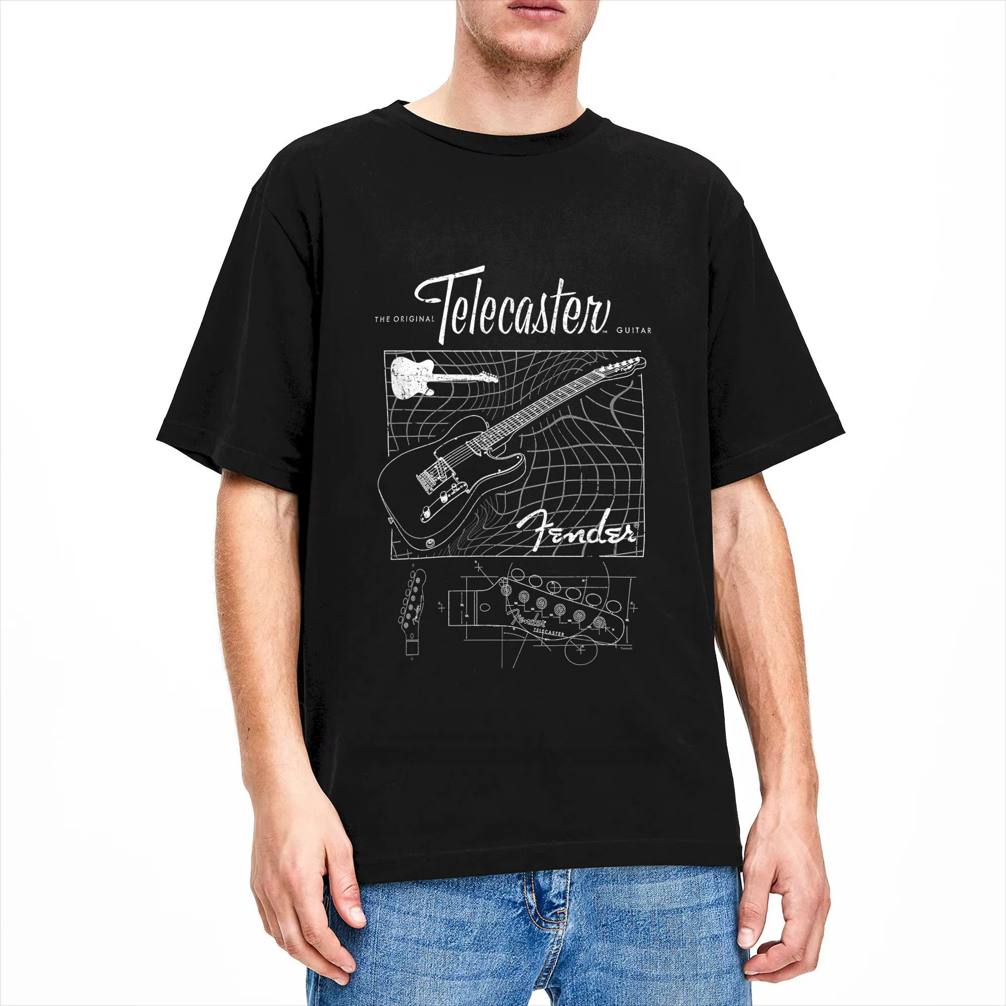 T-Shirt à manches courtes pour hommes, 100% coton, avec schéma de guitare Fender The Original Telecaster, vêtements
