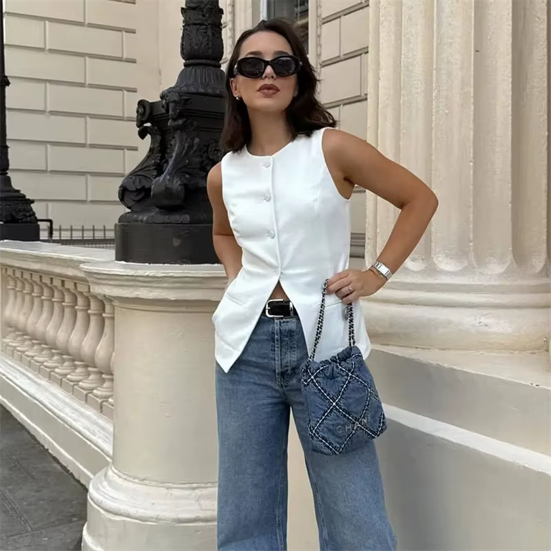 MUJER 2025 blanc gilet sans manches femmes bouton gilets d'été