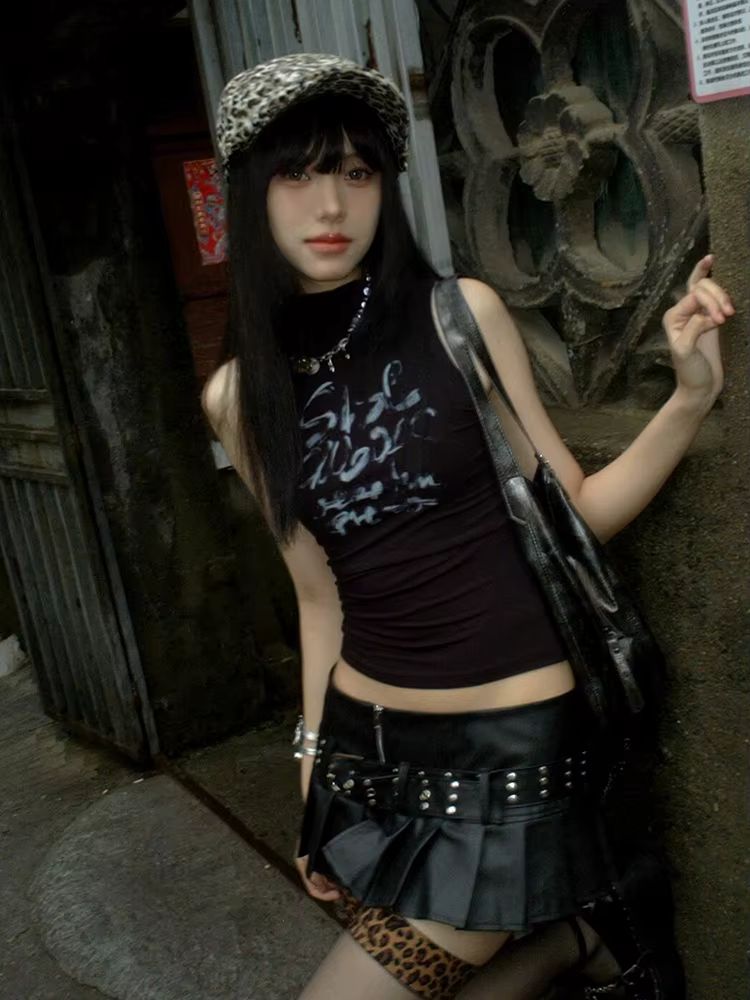 Tonngirls Y2k Vintage débardeurs femmes sans manches imprimé graphique hauts Streetwear années 2000 japonais noir Grunge