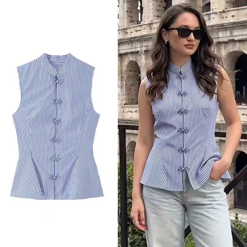 Débardeur Femme Été 2026 Nouvelle Collection Rayé Slim Col Rond Rétro Chic Urbain Élégant Voyage Vacances
