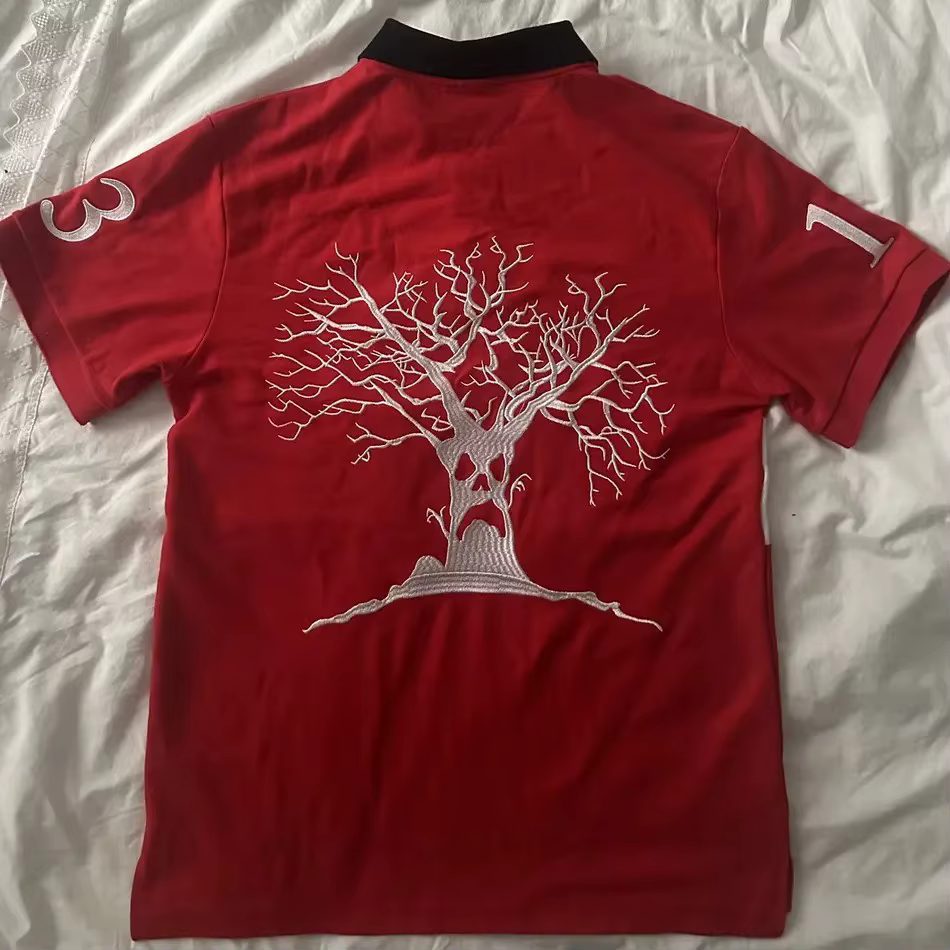 Polo rouge brodé Mound hanté Y2K t-shirt HipHop rétro tête de citrouille lettre brodée surdimensionné haut à manches courtes