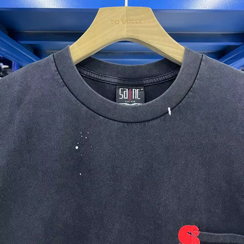 Poche SAINT Logo t-shirts hommes femme Vintage ample lavé à manches courtes noir col rond Streetwear bonne qualité haut