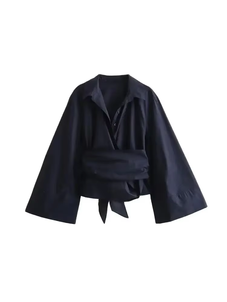 Chemisiers kimono à manches longues pour femmes avec nœud papillon