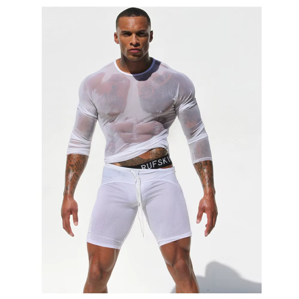 T-shirt à manches longues en filet de pêche en dentelle pour hommes