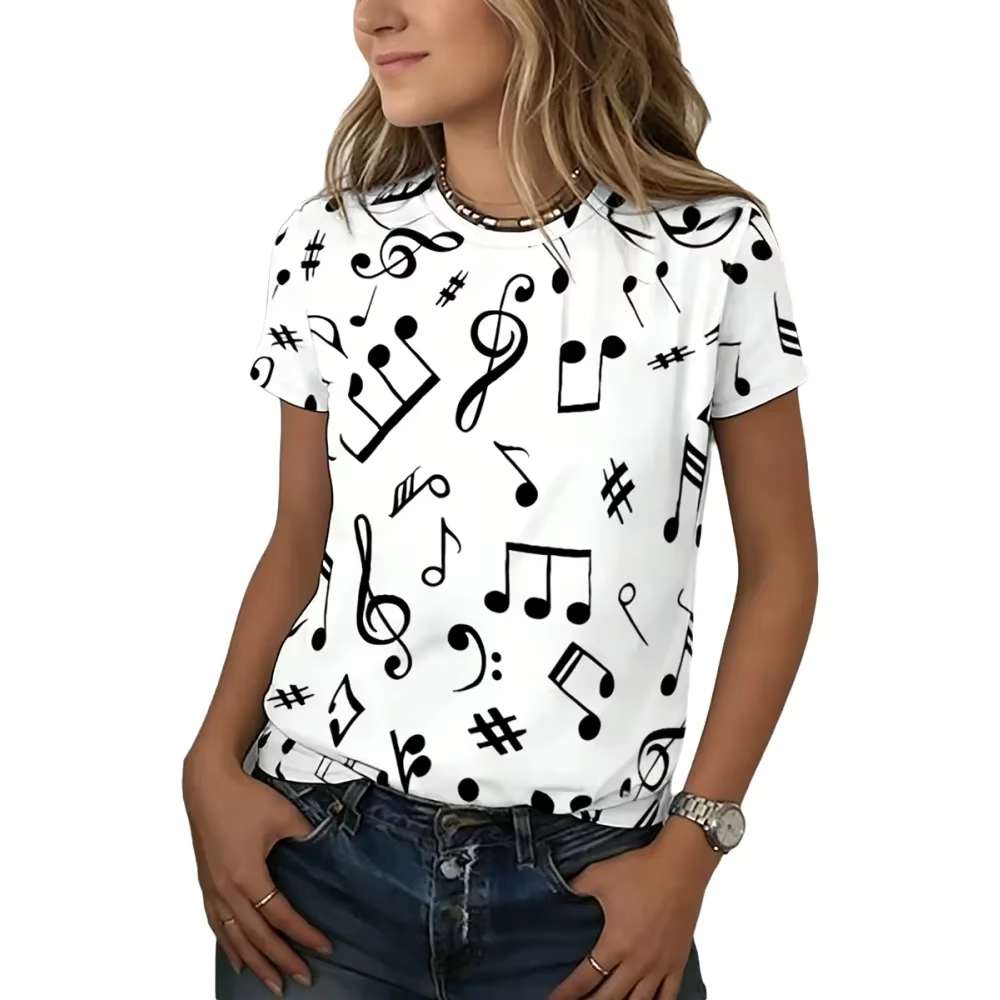 T-shirt pour femmes, imprimé notes de musique, manches courtes, col rond, coupe ample, décontracté, streetwear, haut polyvalent pour le printemps et l'été