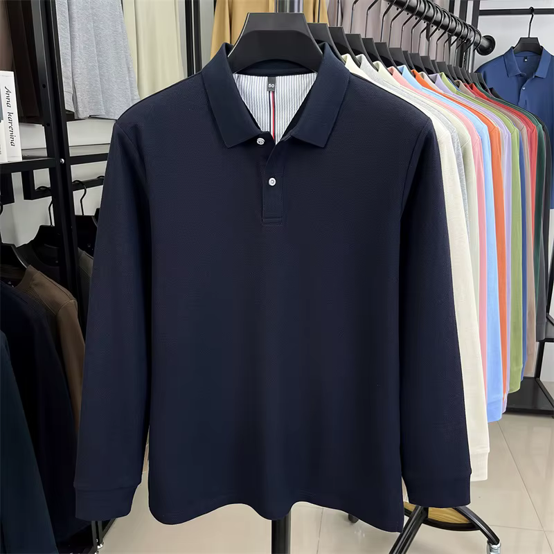 Polo de luxe à manches longues 100% coton nouvelle marque haut de gamme simple confortable couleur unie T-shirt de golf pour loisirs et affaires automne