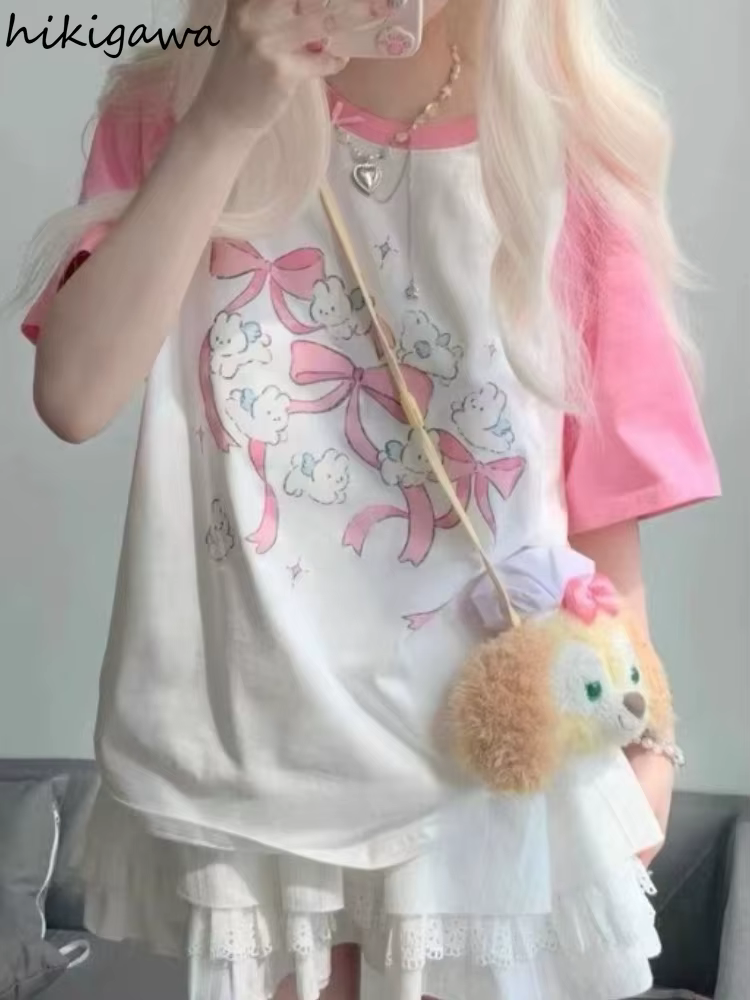 Kawaii rose t-shirts femmes japonais Y2k Style doux fille dessin animé