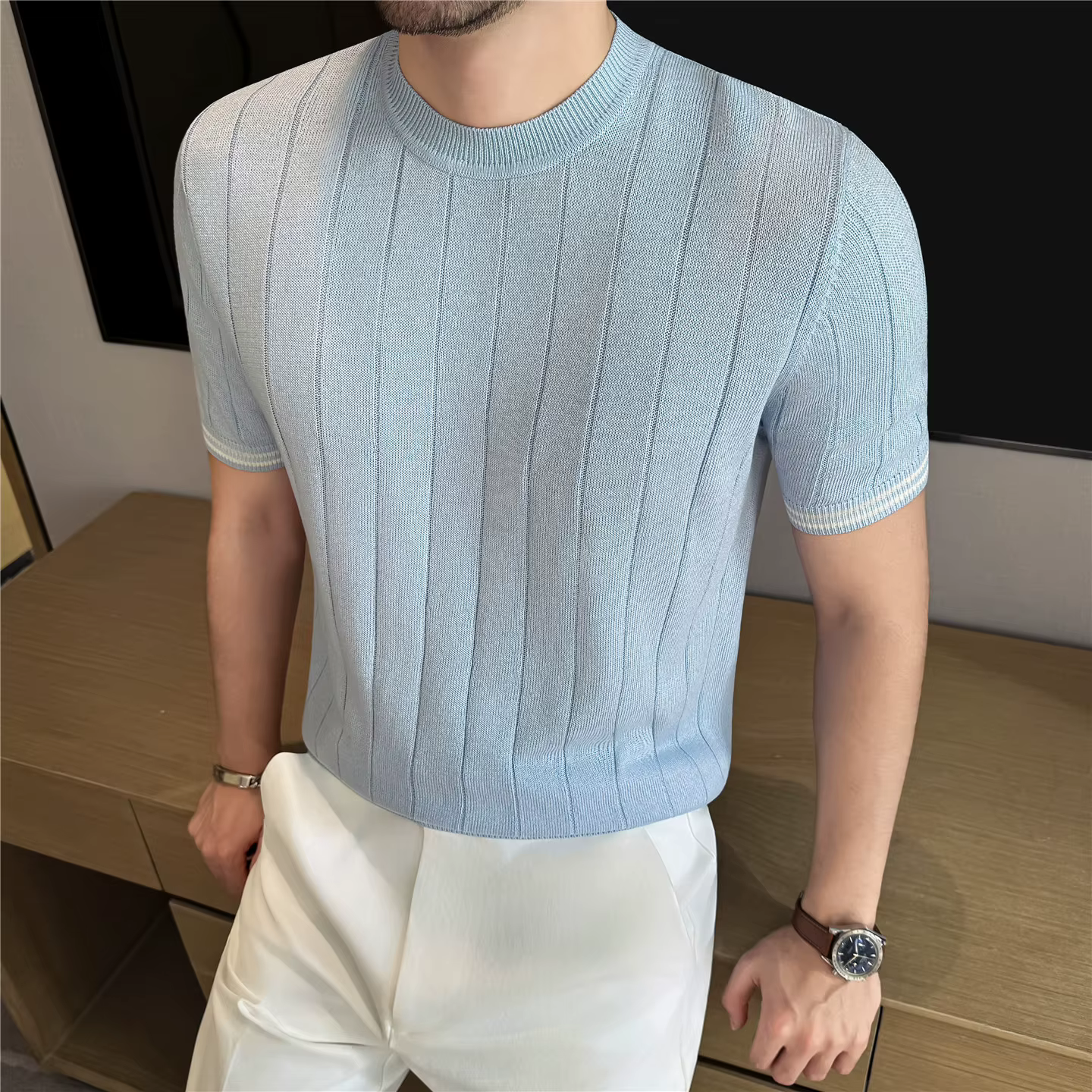 Chemise en lin naturel à manches courtes pour homme - Haut côtelé respirant et frais à col ras du cou avec texture lisse et maintien de la forme