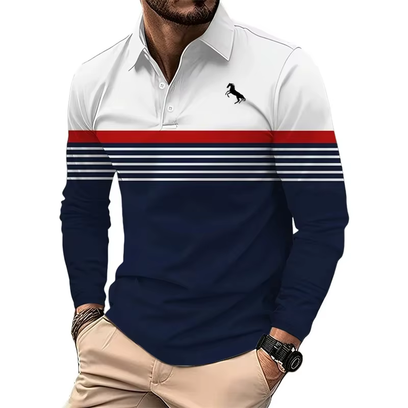 Chemises polo à motif de cheval en couleur contrastée pour hommes Mode d'été Manches longues Chemise