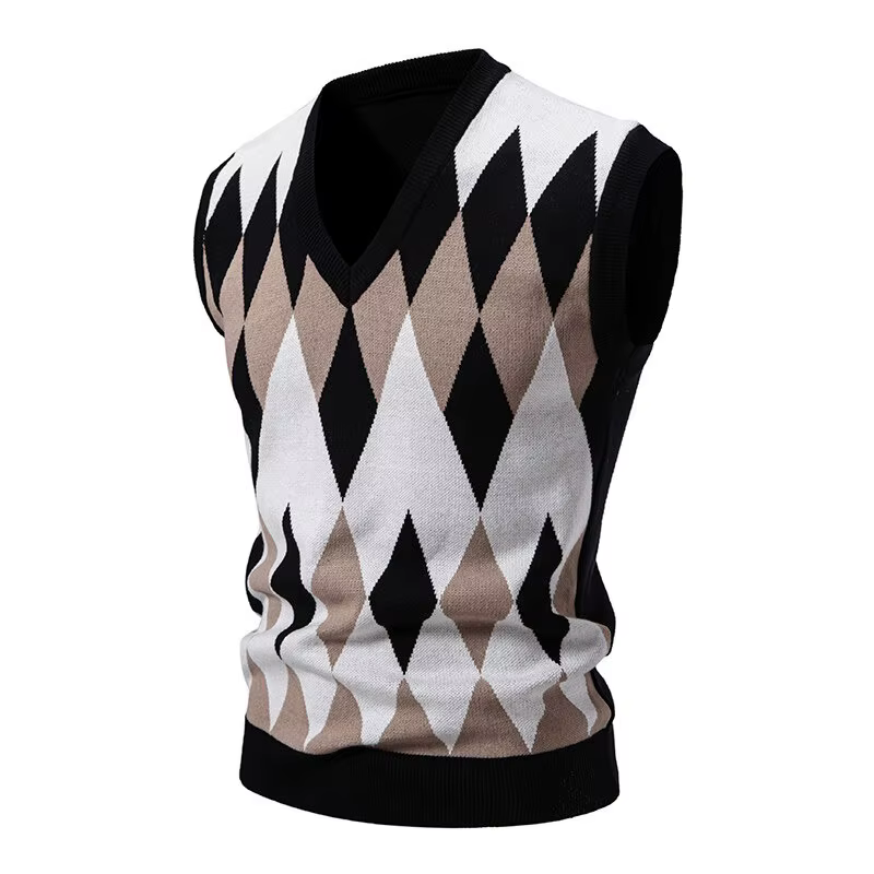 Nouveau hommes Argyle tricots gilet col en V sans manches décontracté coupe ajustée pull tricoté