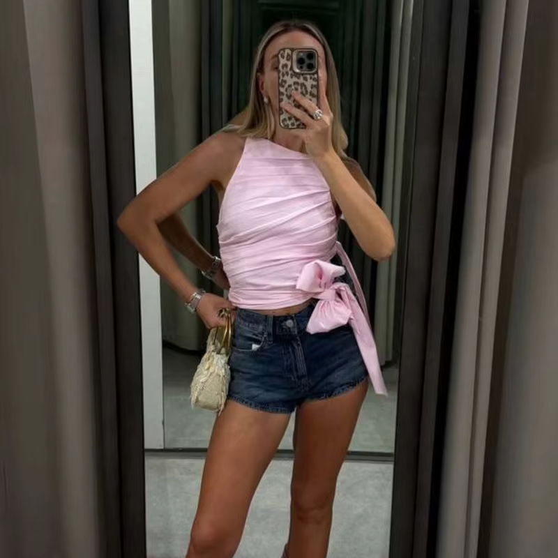 Haut court plissé pour femme avec nœud
