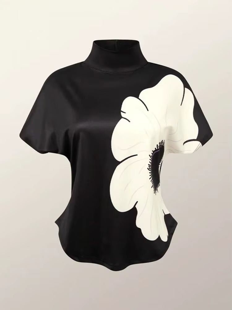 Yeezzi 2024 nouveautés été manches courtes imprimé fleuri bases T-Shirt femmes mode coupe ajustée col haut décontracté hauts
