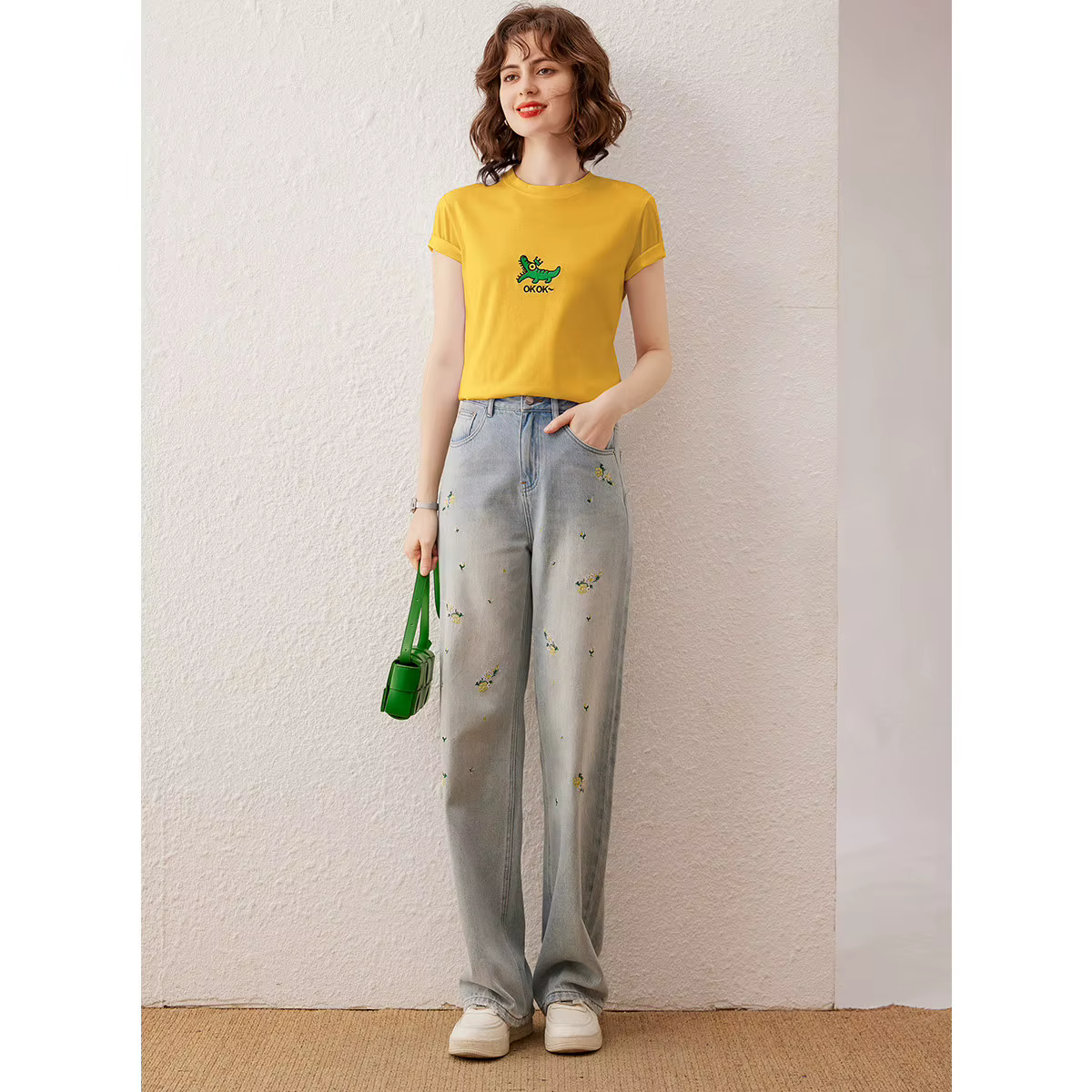 Modiis Yao-T-shirt brodé crocodile pour femme, col rond basique, pull à manches courtes, haut décontracté, t-shirt à la mode, été 2024