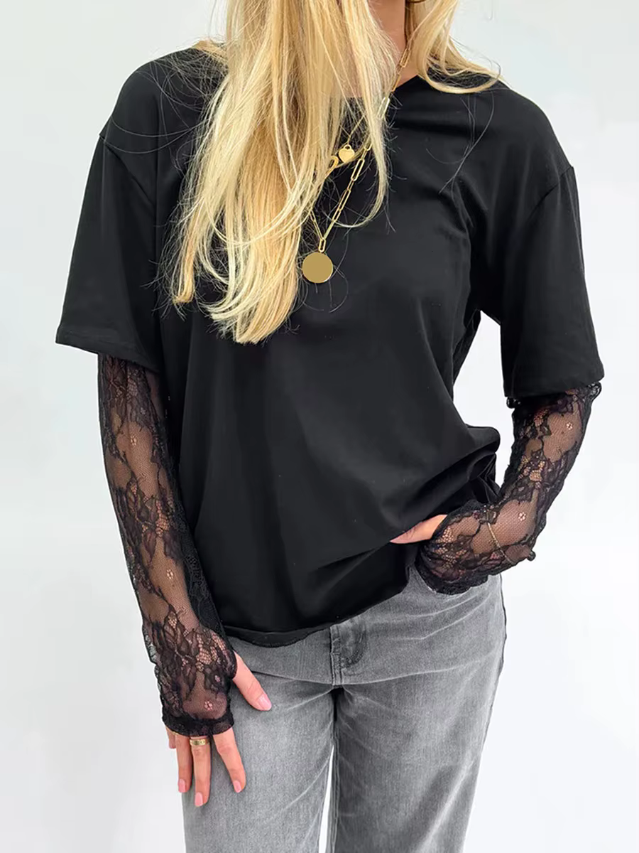 Femmes col rond T-Shirt dentelle à manches longues chemises décontractées printemps automne coupe ample hauts dames couleur unie T-Shirt pour Streetwear Y2K 00s