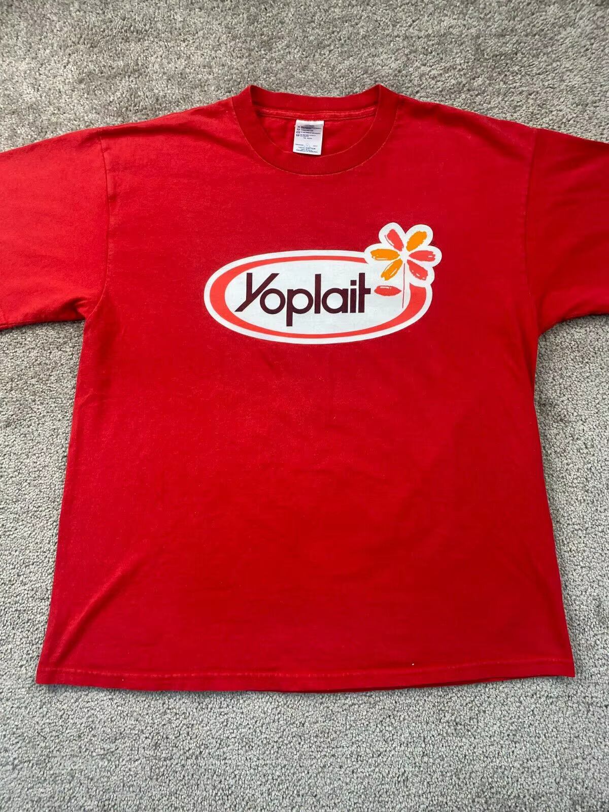 VINTAGE Yoplait Chemise Homme Grand Rouge Col rond Manches Courtes Années 1990 90 T-shirt de Course