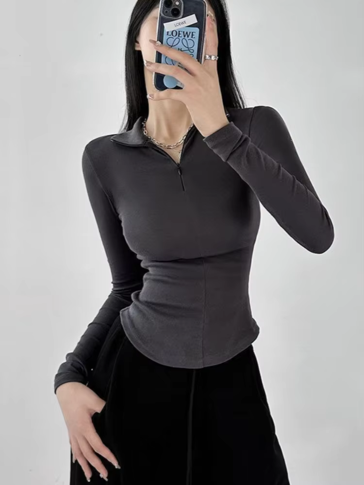 Fermeture éclair col Polo t-shirt pour femmes plaine mince printemps automne coréen vêtements femme