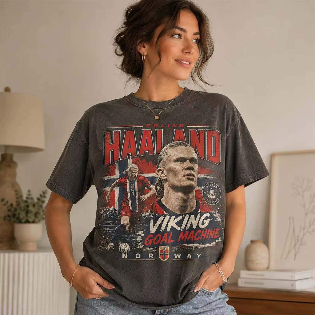 T-shirt imprimé rétro Erling Haaland Norvège Football Portrait Vintage Lavé Viking Machine à Buts Streetwear Coton
