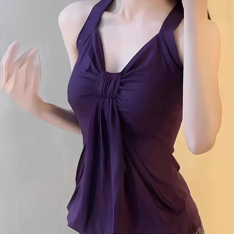Débardeurs licou violets sexy à col en V sans manches