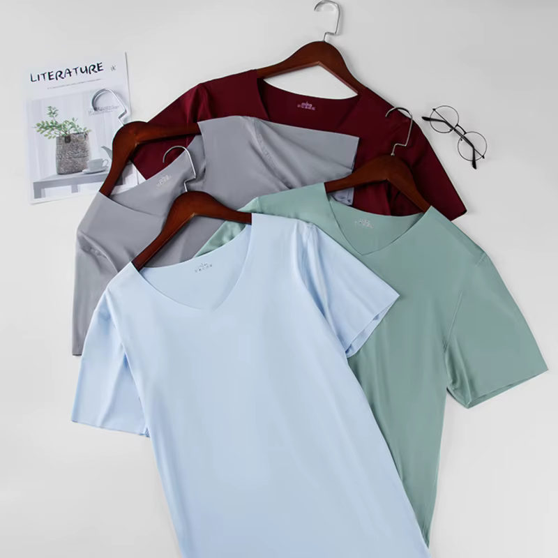 Chemise Slim pour hommes chemises de base en soie glacée couleur unie respirant sans couture T-shirt