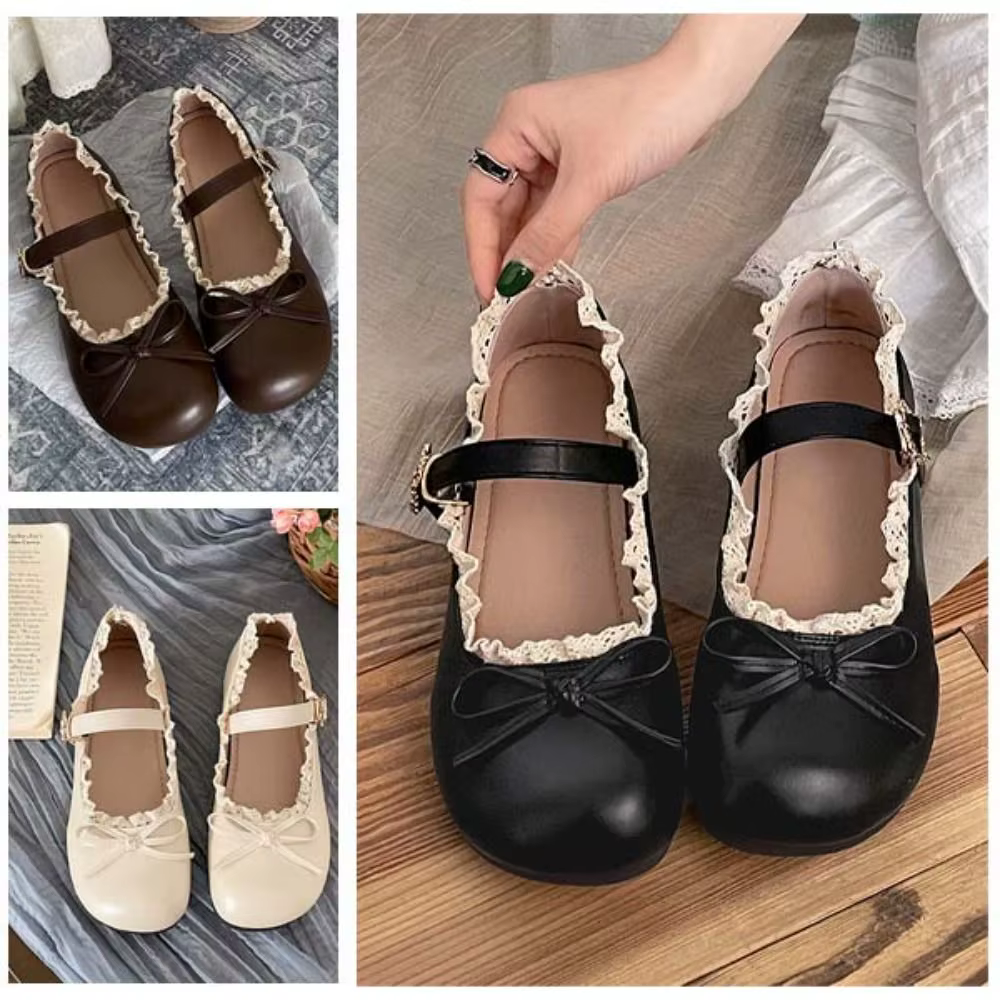 Lolita PU cuir JK chaussures plates nœud dentelle à volants ballerines décontractées semelle souple doux Mary Jane