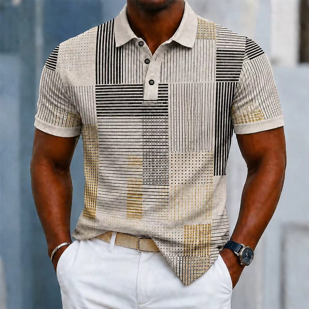 Polo pour homme beige à rayures géométriques