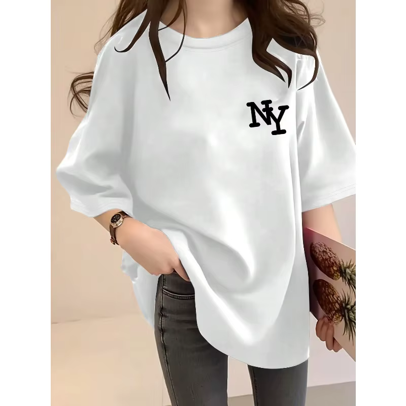 T-shirt manches courtes col rond femme noir New York NY lettre imprimée ample