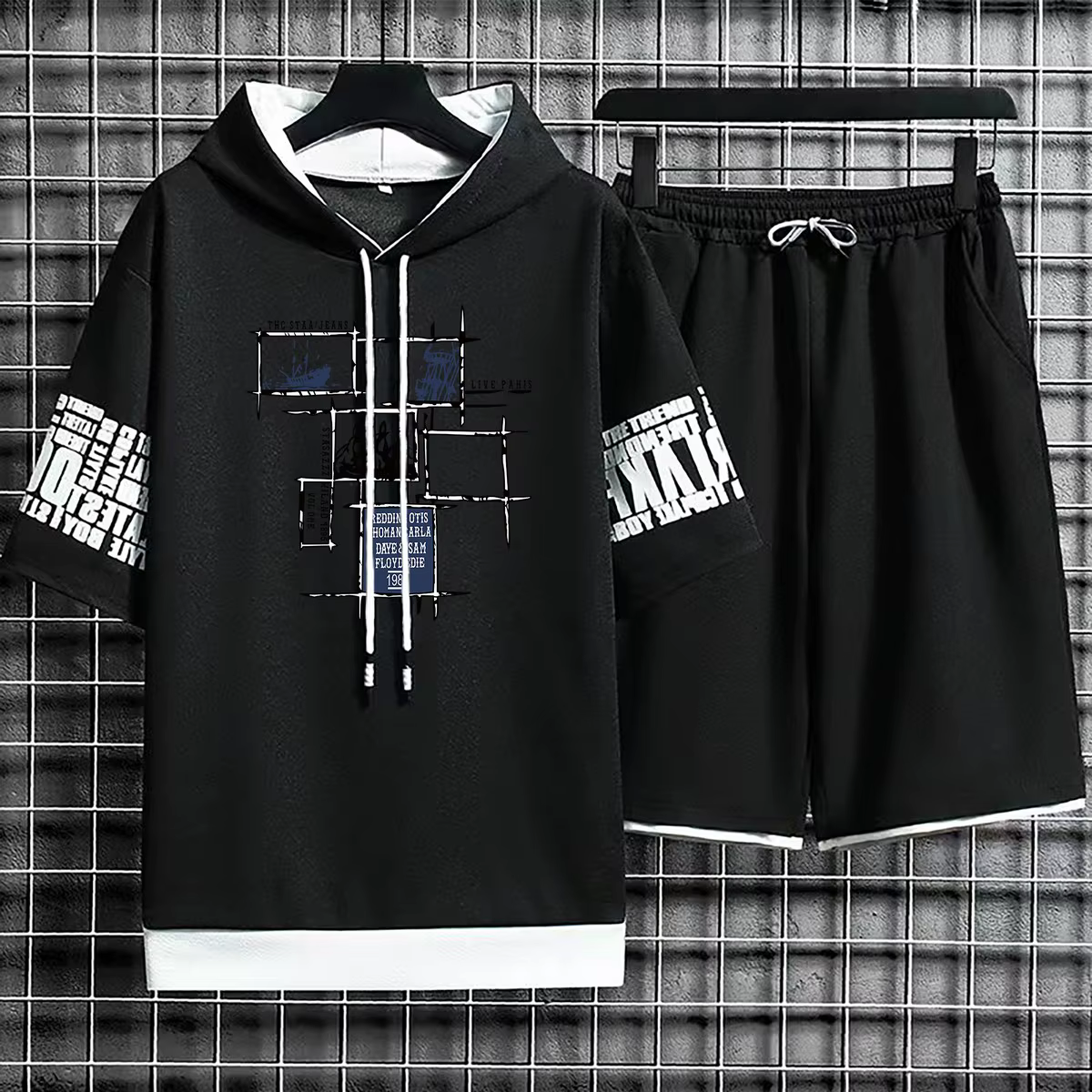 Ensemble de sweats à capuche College à manches courtes pour hommes