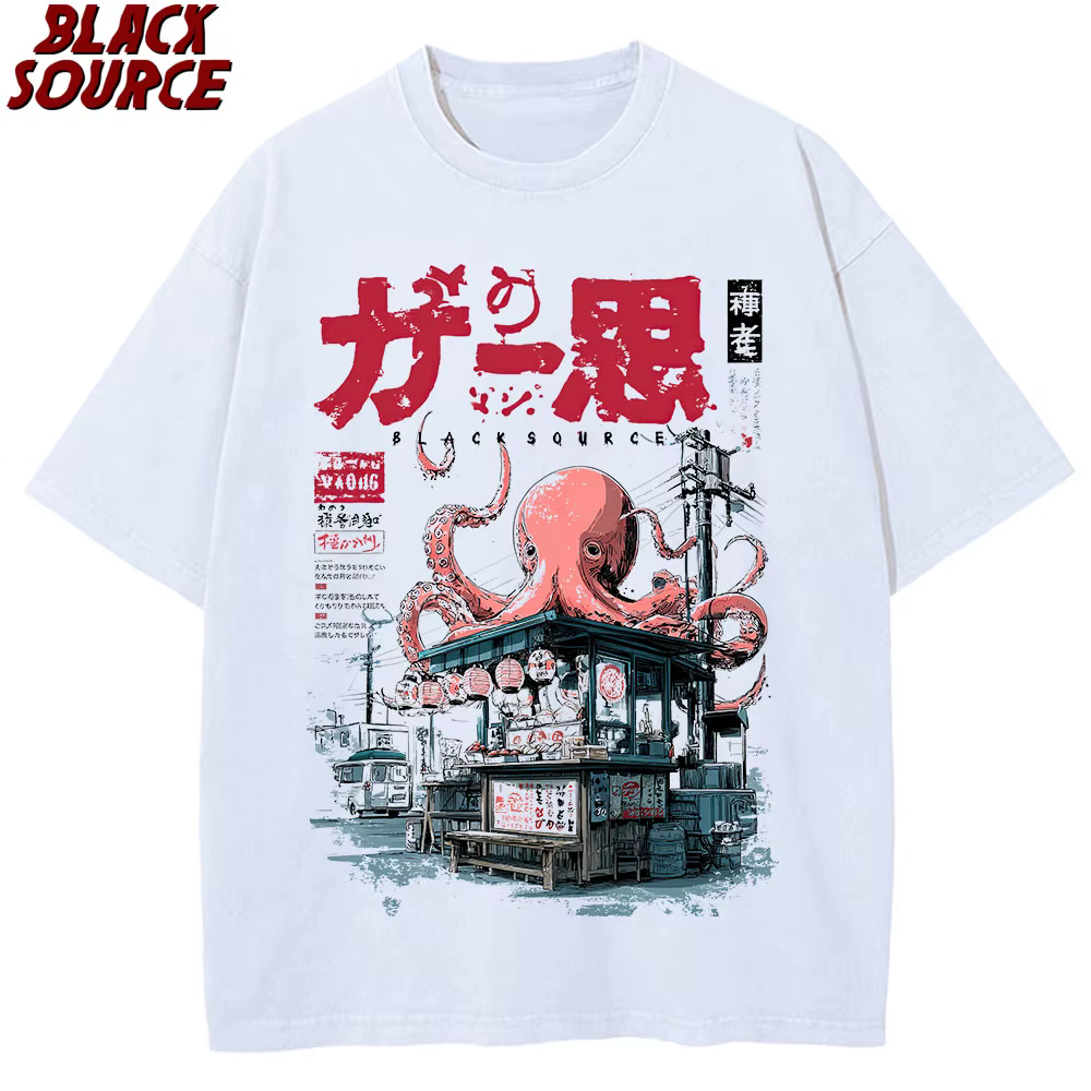 T176 T-shirt Takoyaki japonais avec boules de poulpe t-shirts graphiques pour les amateurs de nourriture de rue Anime coton haut ample surdimensionné