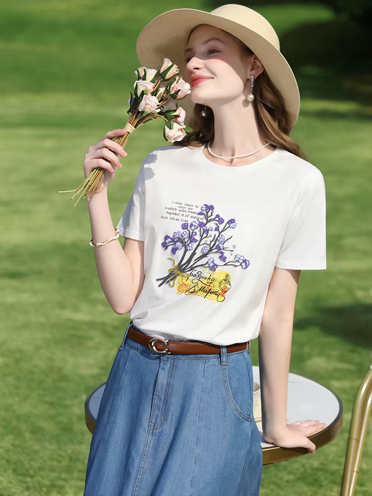 Je crois que vous perles brodé T-shirt femme 2025 été lettre impression haut décontracté à manches courtes Cool coton t-shirts 2251015989