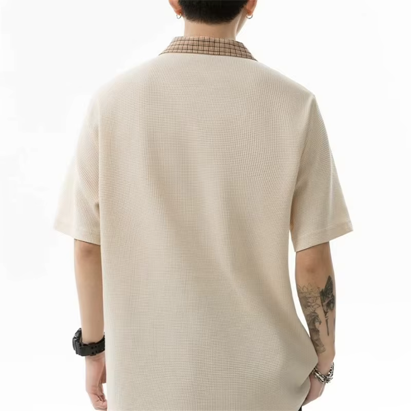 Chemises polo à col à carreaux demi-zippées rétro américaines pour hommes