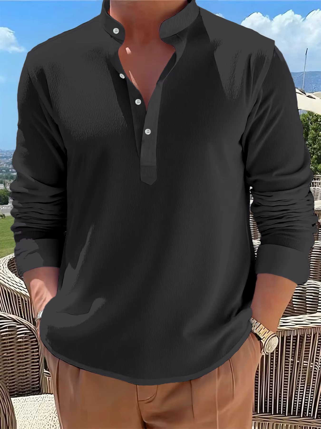 Chemises à manches longues et col Henley pour hommes