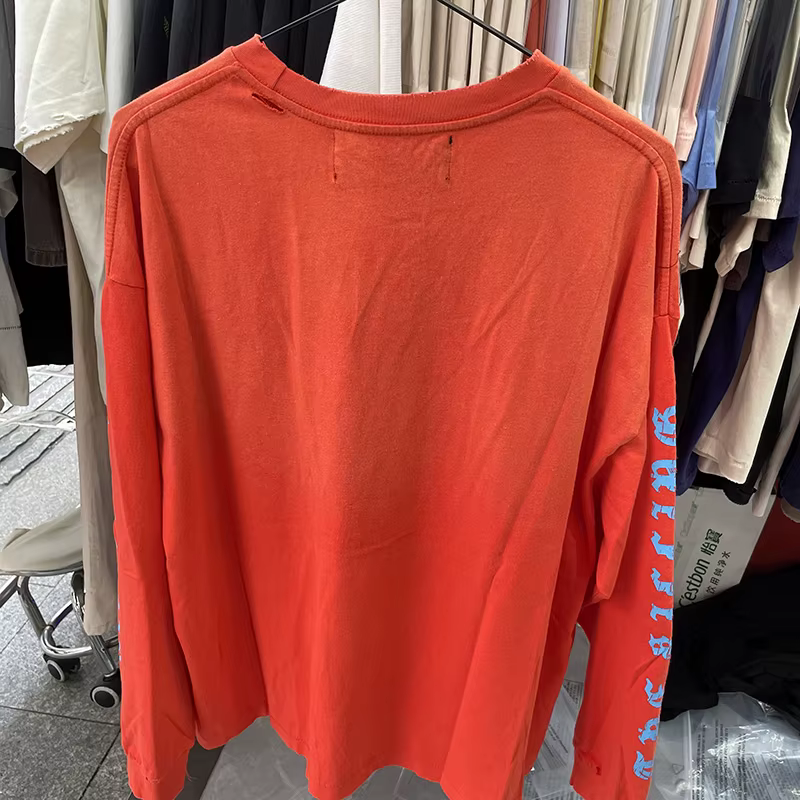 T-shirt Rétro Délavé Rouge PALY à Manches Longues en Coton pour Homme et Femme, Style Urbain, Effet Usé et Déchiré, Coupe Oversize, Col Rond, Nouveau Modèle