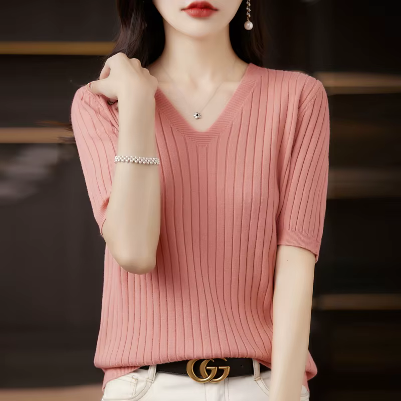 Pull femme printemps été manches courtes col en v chemise en tricot décontracté coréen pulls rayure