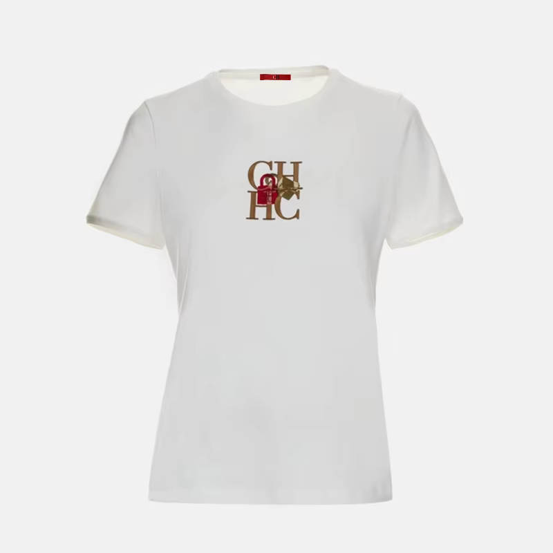 T-shirt col rond pour femme CH, broderie lettre, manches courtes, coton doux, coupe ajustée, tenue quotidienne, hauts décontractés et tendance