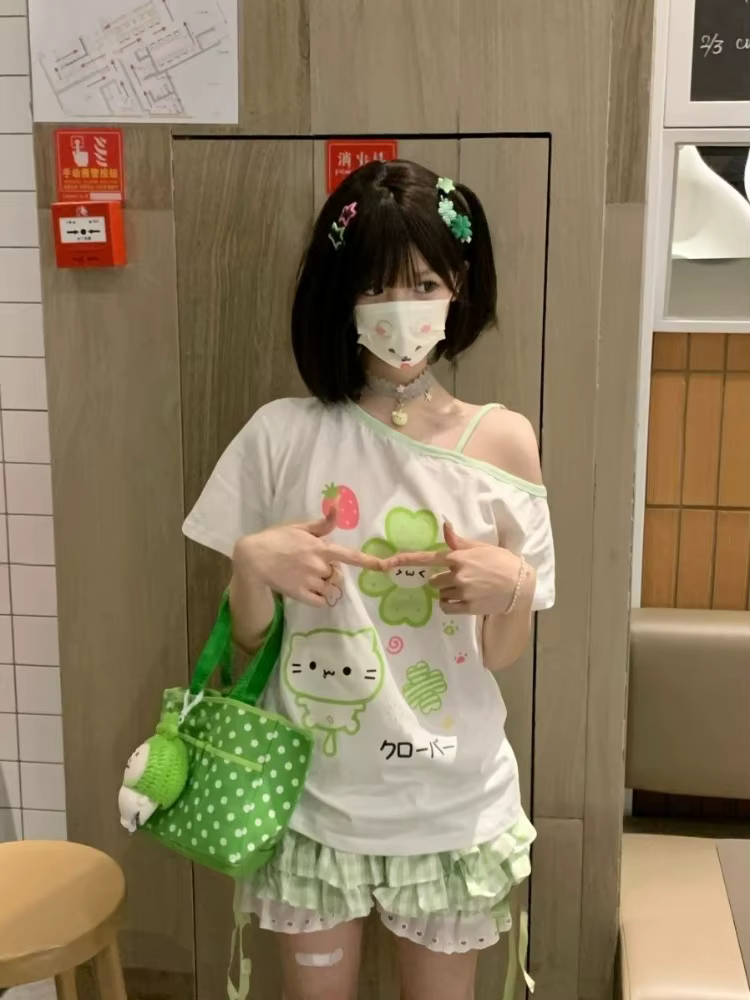 Ezgaga Harajuku t-shirts femmes dessin animé doux col diagonale manches courtes épaules nues drôle hauts femme Y2k dames