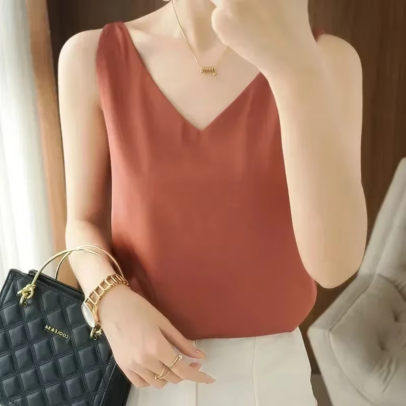 Débardeurs pour femmes sans manches col en V Satin soie Camisole mode été solide gilet ample dames hauts Streetwear
