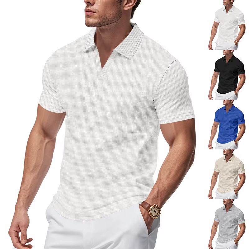 T-shirt Homme Slim Fit Style Américain Décontracté Col Henley Manches Courtes Élastique Col en V Haut de Gamme Été Qualité Supérieure Polo en Soie de Lait