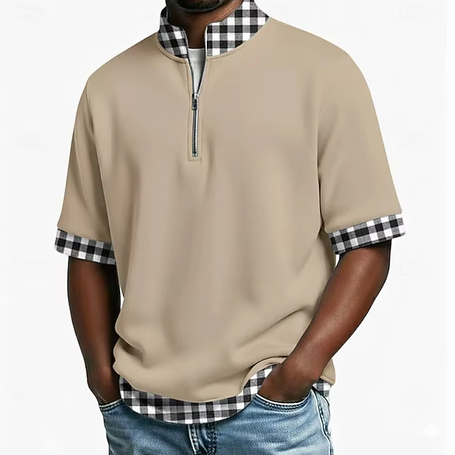 Polo zippé pour homme à manches courtes, col montant, avec empiècements à carreaux aux poignets et à l'ourlet, décontracté et professionnel, pour l'été