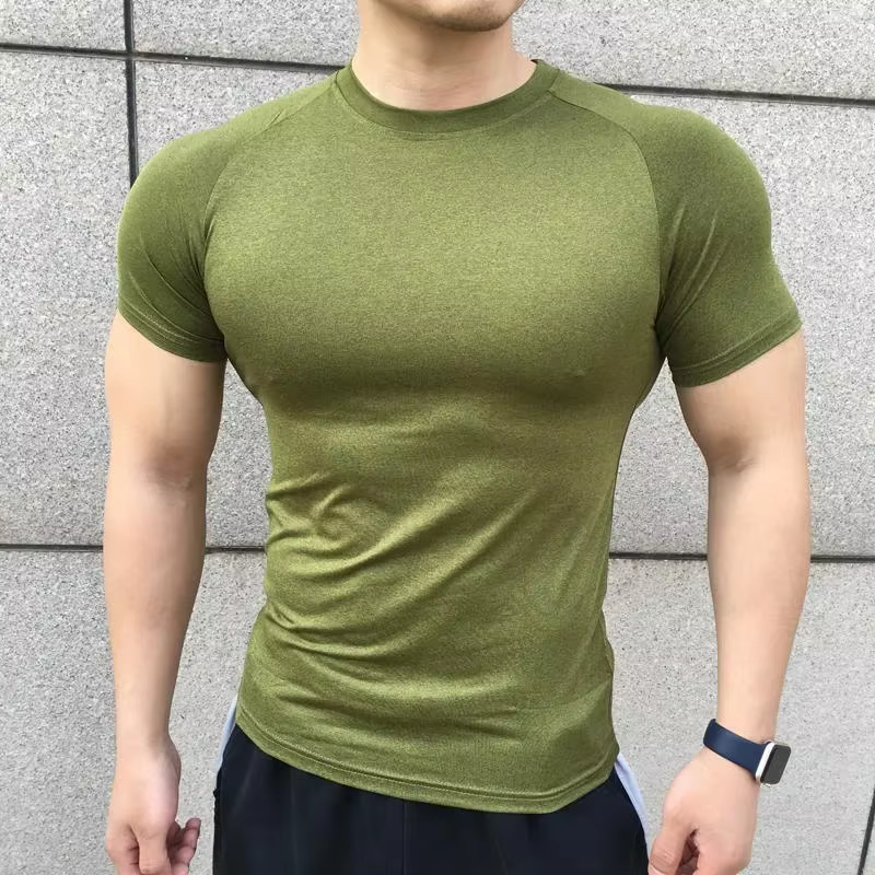 Nouveaux hommes d'été à manches courtes Fitness t-shirt course Sport Gym couleur unie séchage rapide