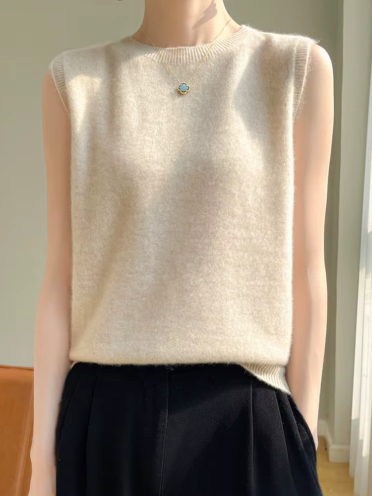Femmes laine gilet printemps été col rond sans manches pull