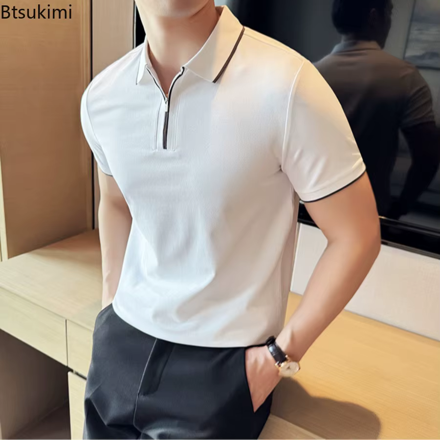 Hommes Polo été léger mince Style britannique solide décontracté coupe ajustée à manches courtes haut T-shirt mode